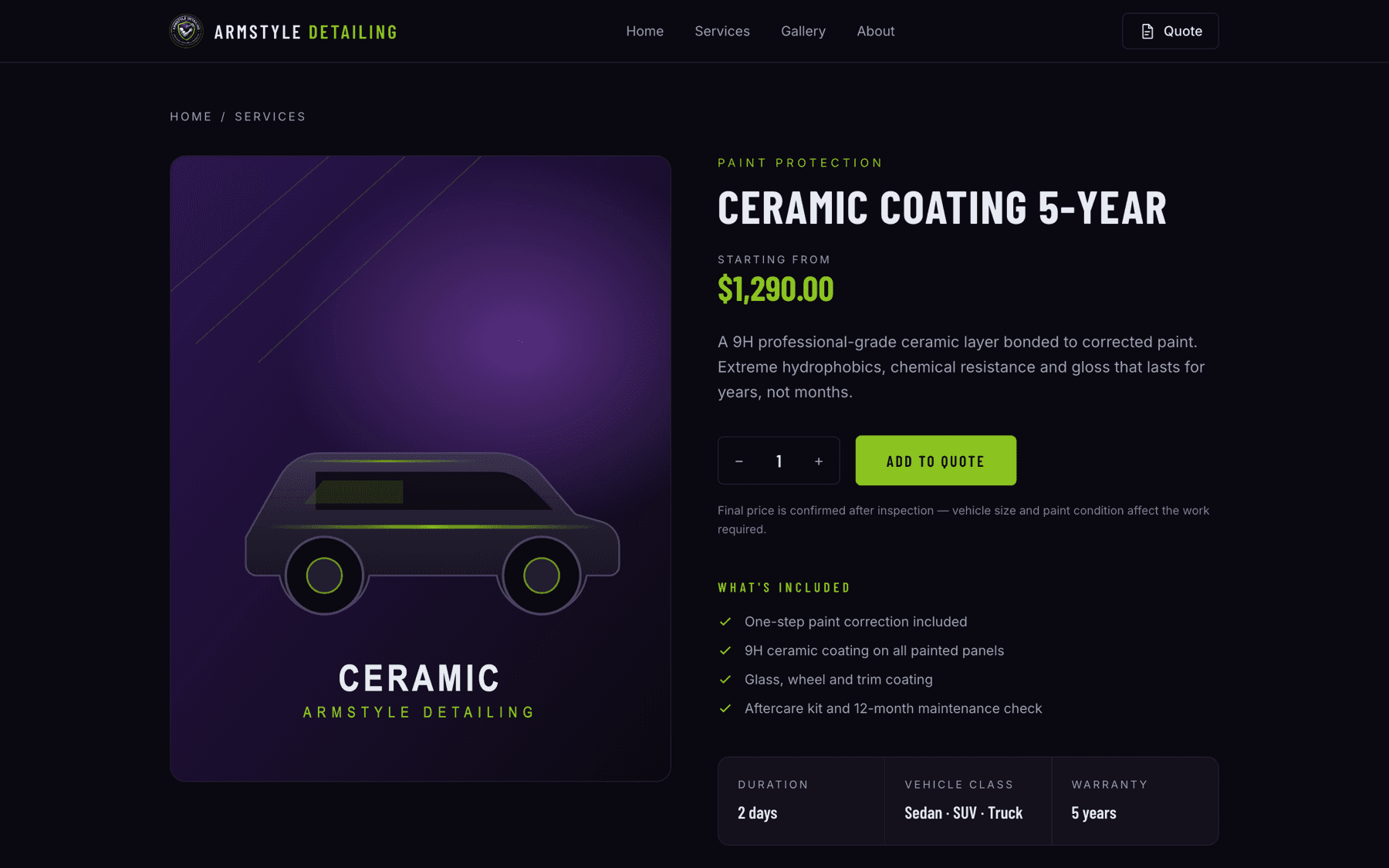 An ArmStyle service detail page showing price, what is included and specifications.