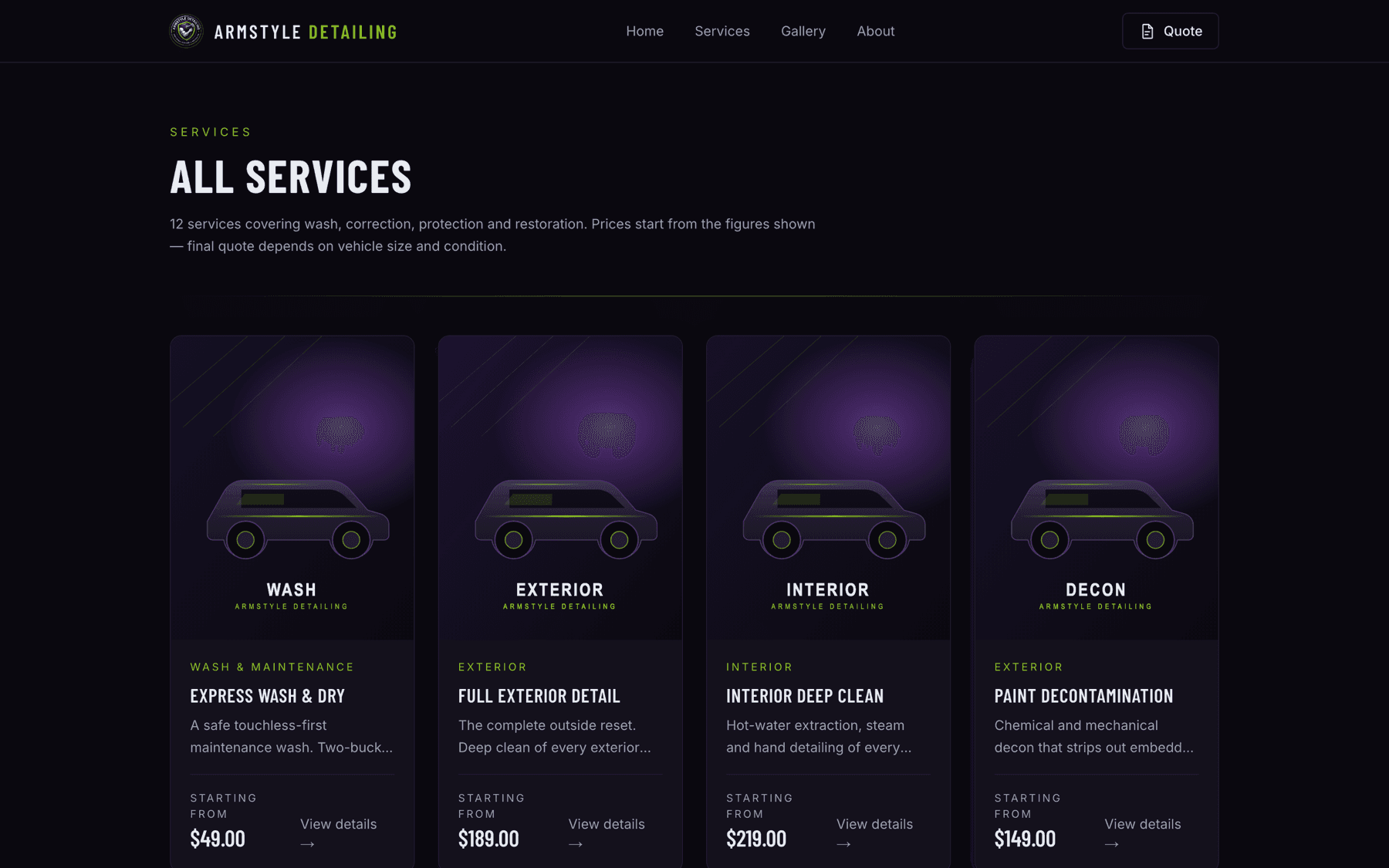The ArmStyle service catalogue: a grid of detailing service cards with prices on a near-black background.