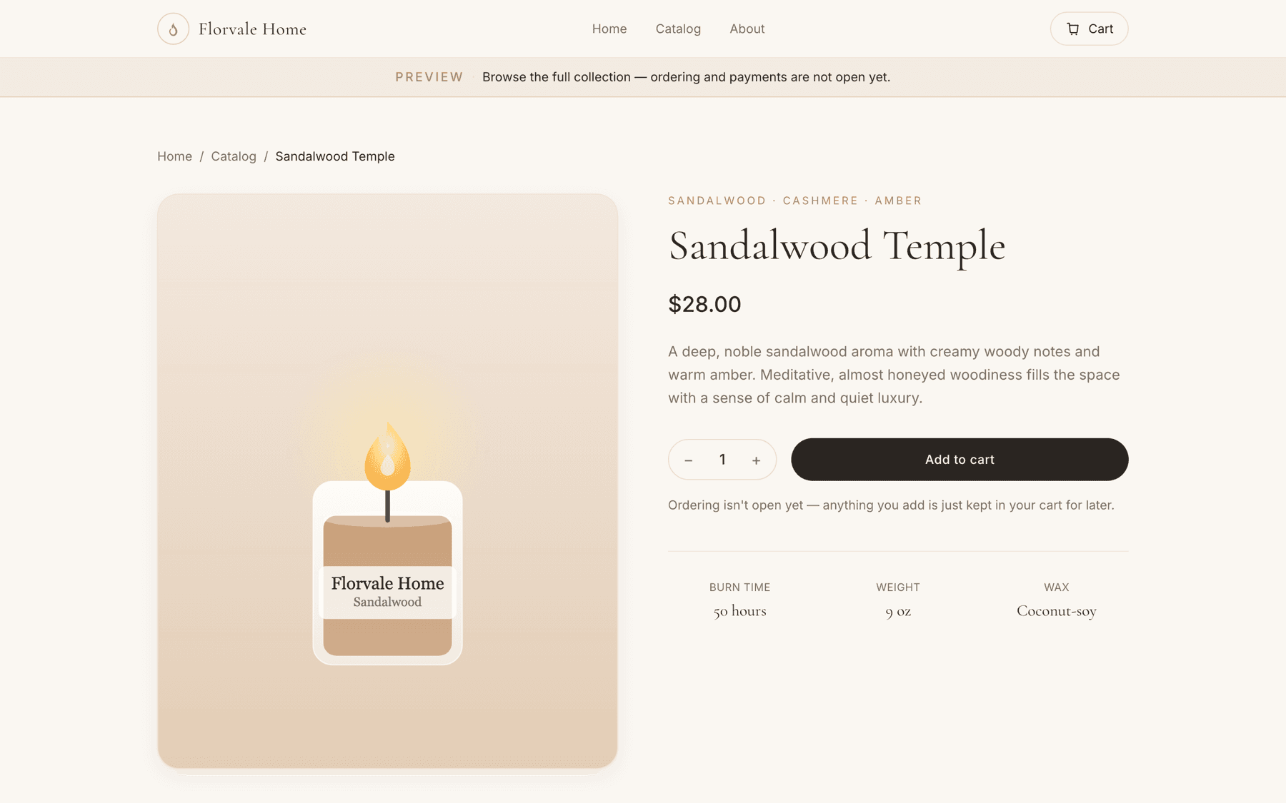 A Florvale Home product page showing the candle image, description, specifications and an add-to-cart control.