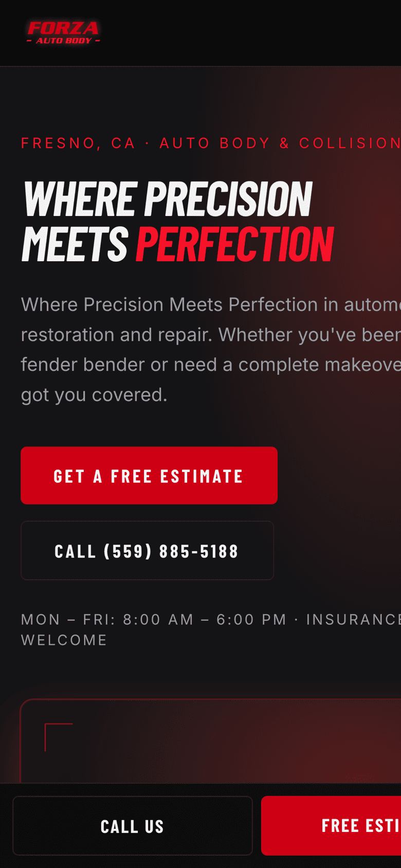 Forza Auto Body on a phone with the red estimate button pinned to the bottom of the screen.