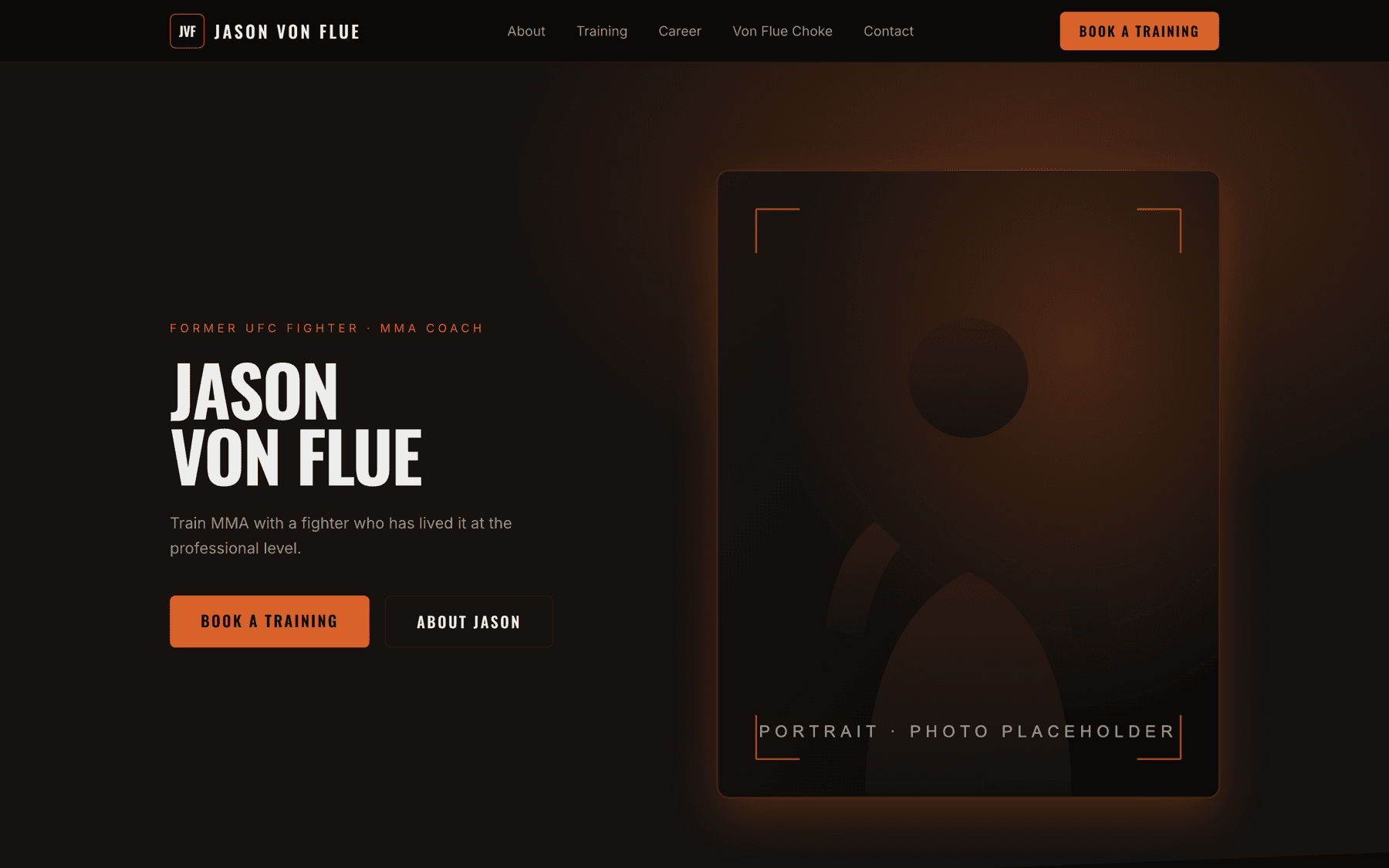 Jason Von Flue coaching site: a near-black page with a condensed ember-orange headline and a booking call to action.